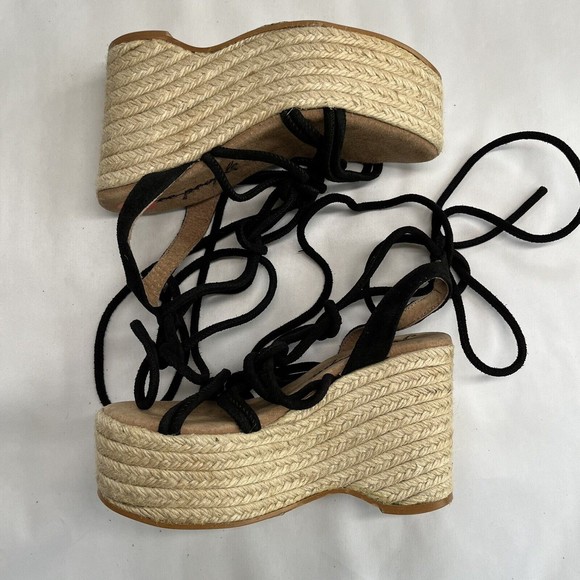Free People Sandal Platform Wedge Espadrille 6 / 36 Black Suede Strappy Wrap Up - Picture 5 of 15